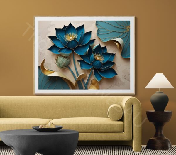 Blue and Gold Lotus Flower Digital Print: Elegant Botanical Wall Art, Modern Abstract Floral Decor (Digital Download) - Image 5