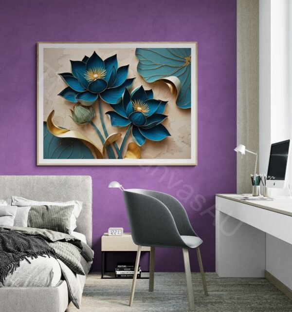 Blue and Gold Lotus Flower Digital Print: Elegant Botanical Wall Art, Modern Abstract Floral Decor (Digital Download) - Image 6