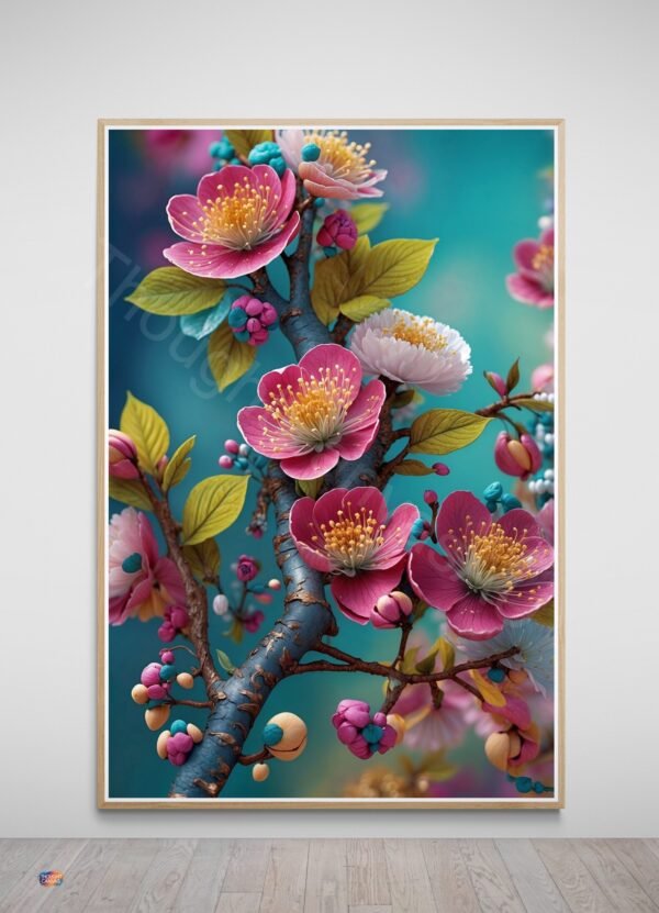 Vibrant Floral Branch Art Print 2 | Pink & Purple Flowers, Teal Background Digital Download | Instant Download (Copy) - Image 2