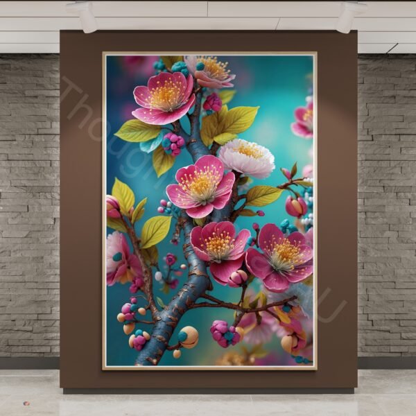 Vibrant Floral Branch Art Print 2 | Pink & Purple Flowers, Teal Background Digital Download | Instant Download (Copy) - Image 3