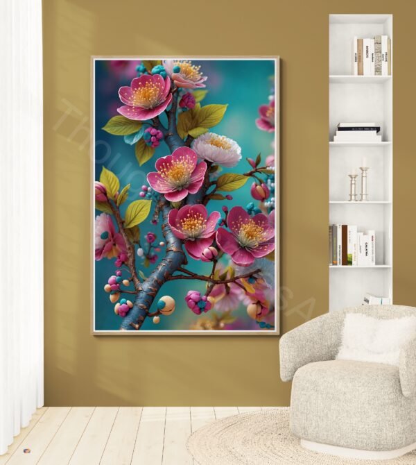 Vibrant Floral Branch Art Print 2 | Pink & Purple Flowers, Teal Background Digital Download | Instant Download (Copy) - Image 5