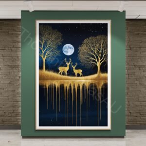 Gold Deer Night Sky Print: Dark Blue Surreal Landscape, Mystical Starry Forest Digital Art