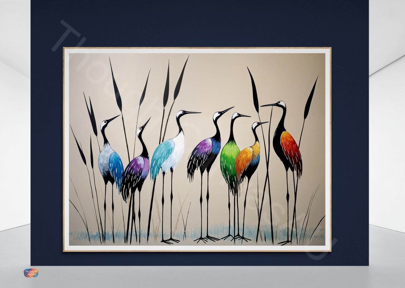 Minimalist Crane Art Print: Rainbow Color Spectrum Birds, Abstract Heron Painting, Digital Download