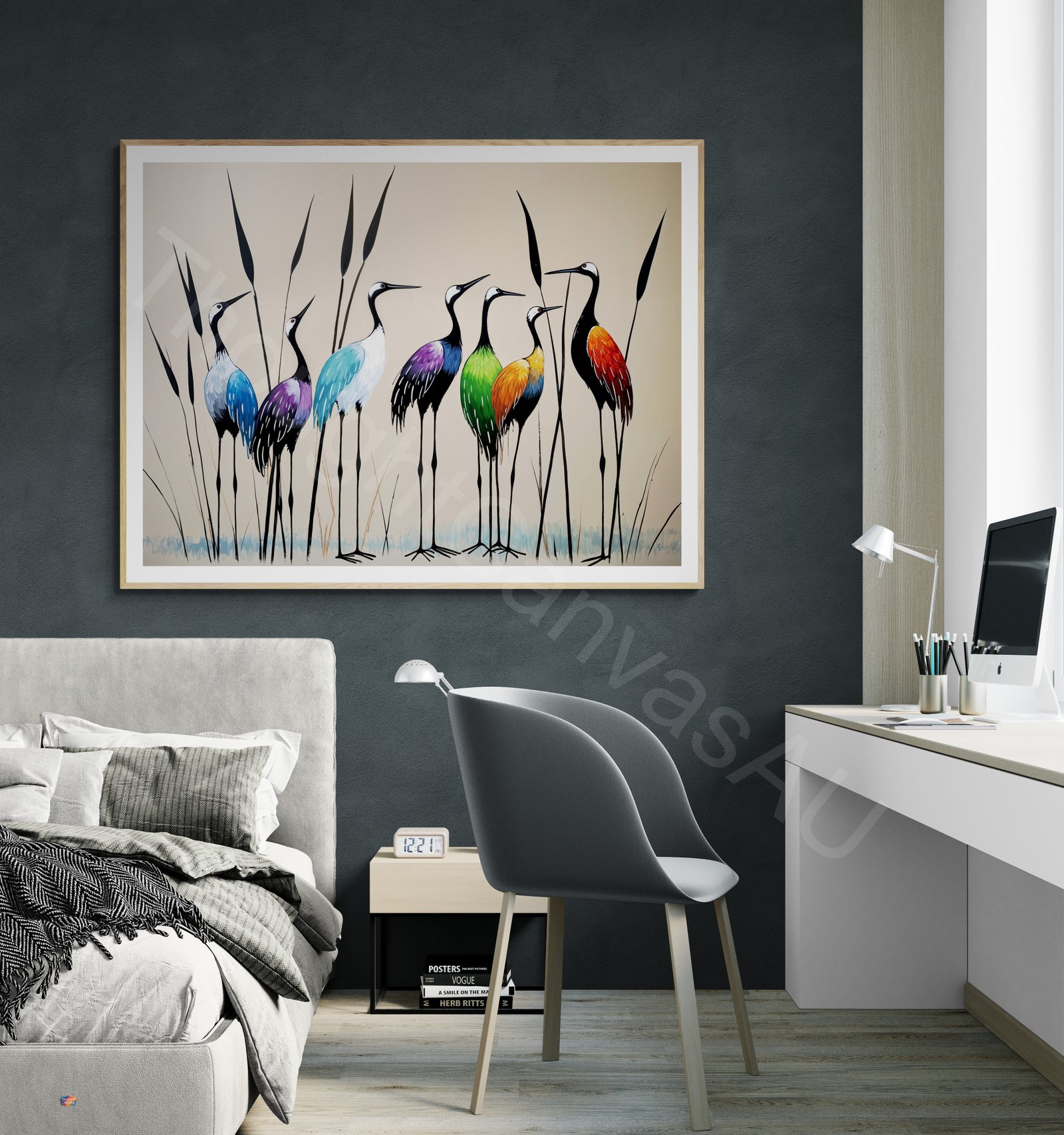 Minimalist Crane Art Print: Rainbow Color Spectrum Birds, Abstract Heron Painting, Digital Download - Image 5