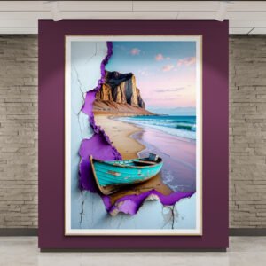 Surreal Boat Art Print: Turquoise Beach Boat, Torn Paper Texture, Purple Abstract Digital Download | Instant Download