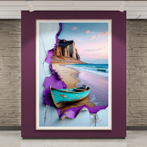 Surreal Boat Art Print: Turquoise Beach Boat, Torn Paper Texture, Purple Abstract Digital Download | Instant Download