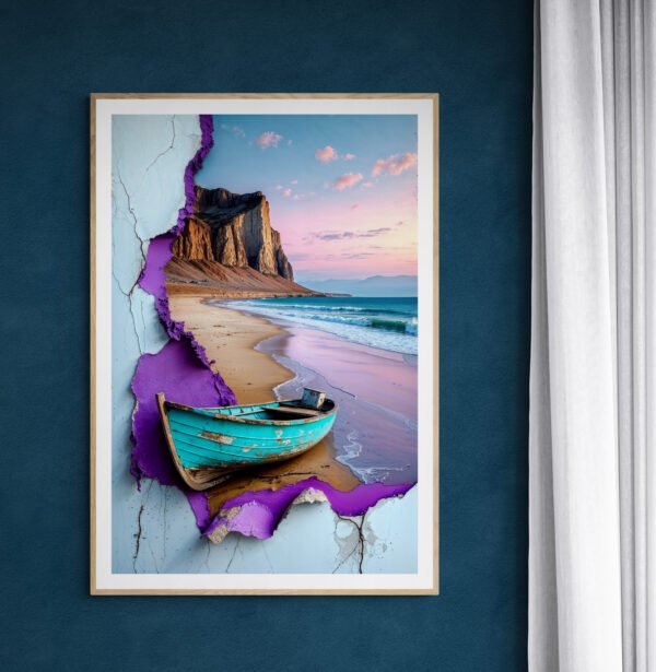 Surreal Boat Art Print: Turquoise Beach Boat, Torn Paper Texture, Purple Abstract Digital Download | Instant Download - Image 4