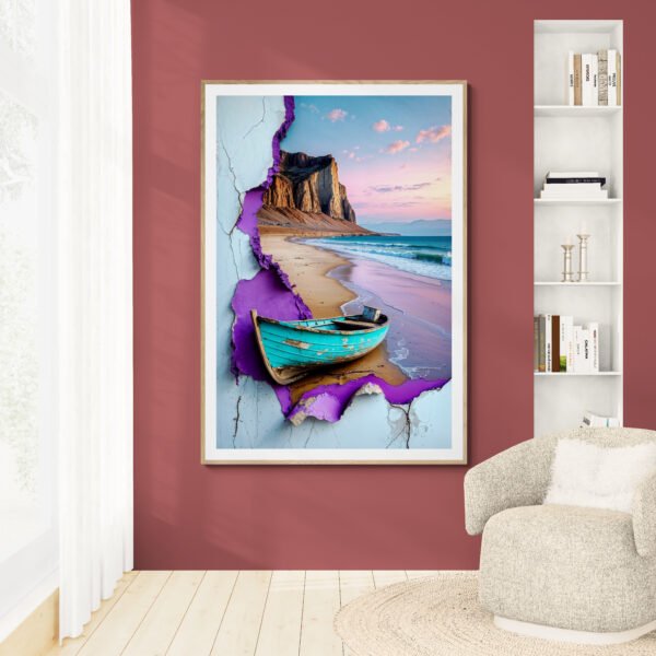 Surreal Boat Art Print: Turquoise Beach Boat, Torn Paper Texture, Purple Abstract Digital Download | Instant Download - Image 5