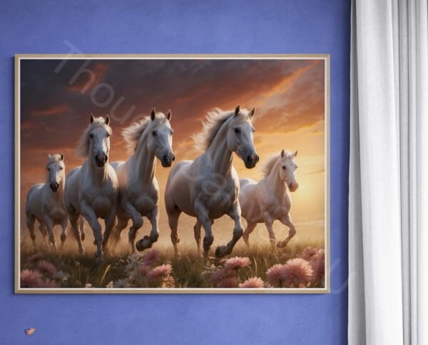 Vibrant Horse Meadow Print: White Horses Running at Sunset, Flowing Mane Equine Decor, Instant Download - Image 3