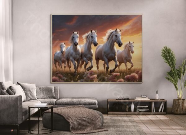 Vibrant Horse Meadow Print: White Horses Running at Sunset, Flowing Mane Equine Decor, Instant Download - Image 4