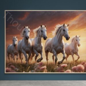 Vibrant Horse Meadow Print: White Horses Running at Sunset, Flowing Mane Equine Decor, Instant Download