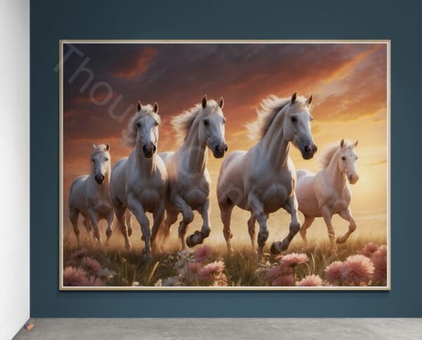 Vibrant Horse Meadow Print: White Horses Running at Sunset, Flowing Mane Equine Decor, Instant Download