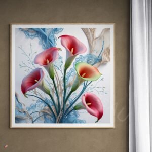 Abstract Calla Lily Print: Pink Red Flowers, Blue Lace Pattern, Modern Botanical Digital Art