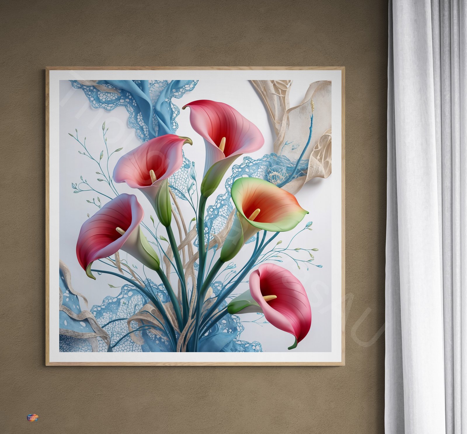 Abstract Calla Lily Print: Pink Red Flowers, Blue Lace Pattern, Modern Botanical Digital Art