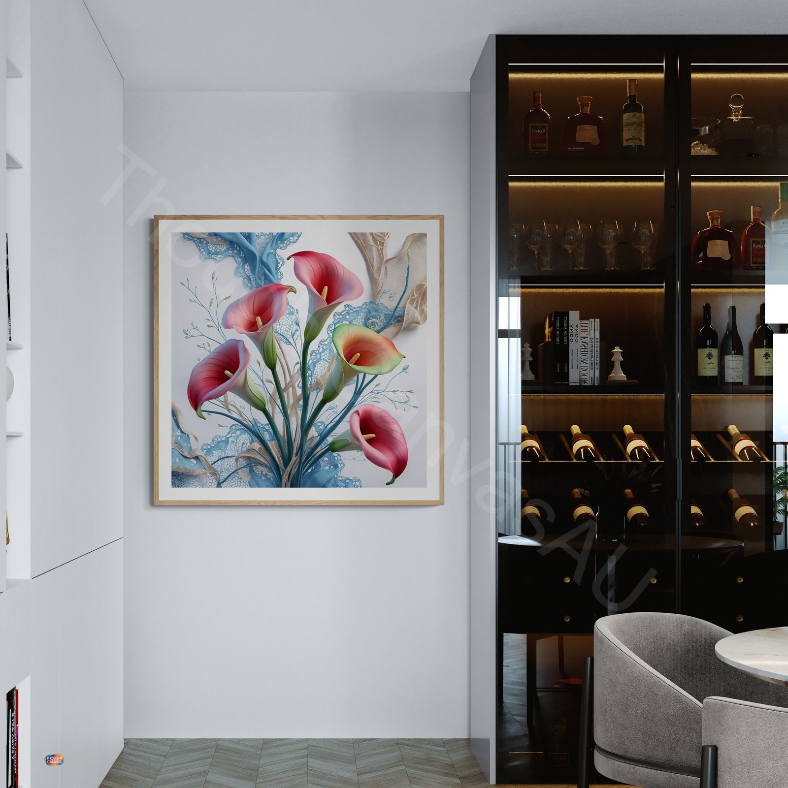 Abstract Calla Lily Print: Pink Red Flowers, Blue Lace Pattern, Modern Botanical Digital Art - Image 6