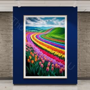 Rainbow Tulip Field Landscape Print: Vibrant Rows of Flowers, Rolling Hills Photography Digital Download