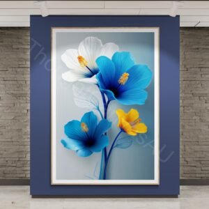 Stylised Blue & White Hibiscus Print: Modern Floral Digital Art, Vertical Gradient Background Digital Download