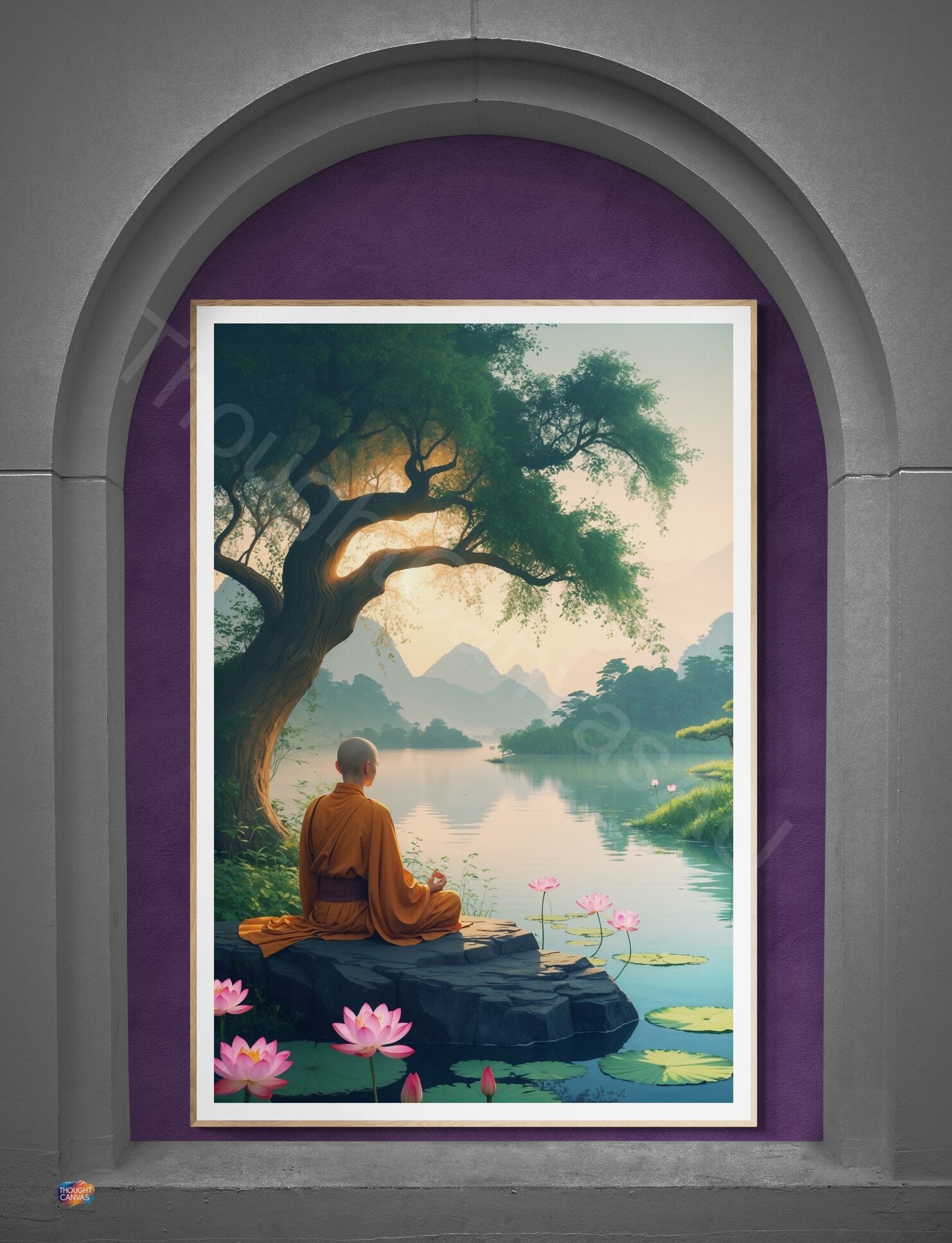 Tranquil Meditation Print: Monk Figure Sunrise Lake Art, Zen Lotus Flower Digital Download - Image 3