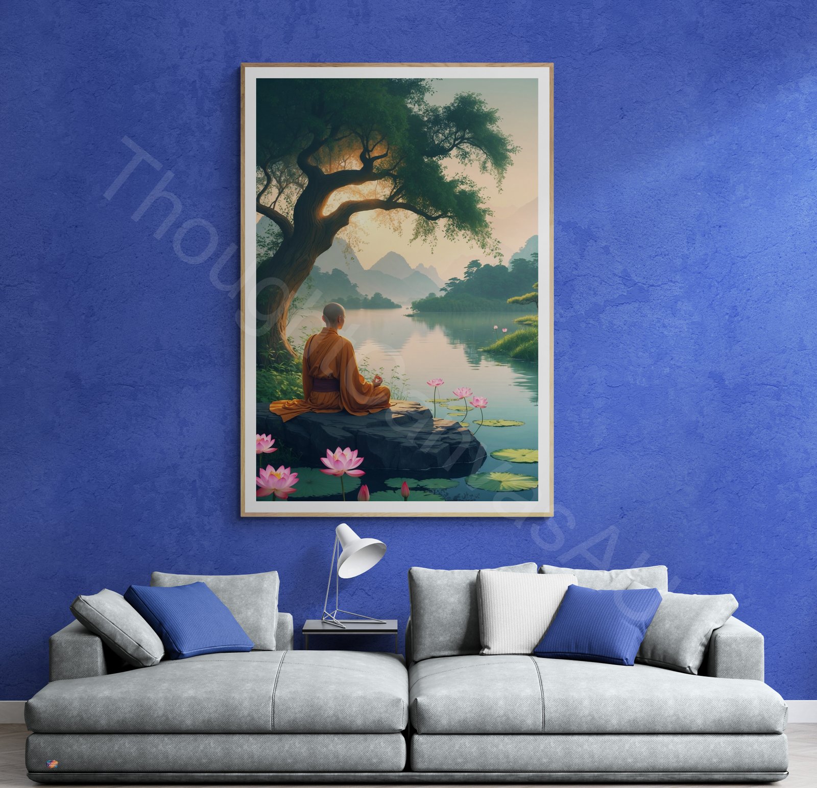 Tranquil Meditation Print: Monk Figure Sunrise Lake Art, Zen Lotus Flower Digital Download - Image 4