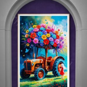 Whimsical Tractor Print: Vintage Farm Art, Girl with Flowers and Butterflies Digital Download