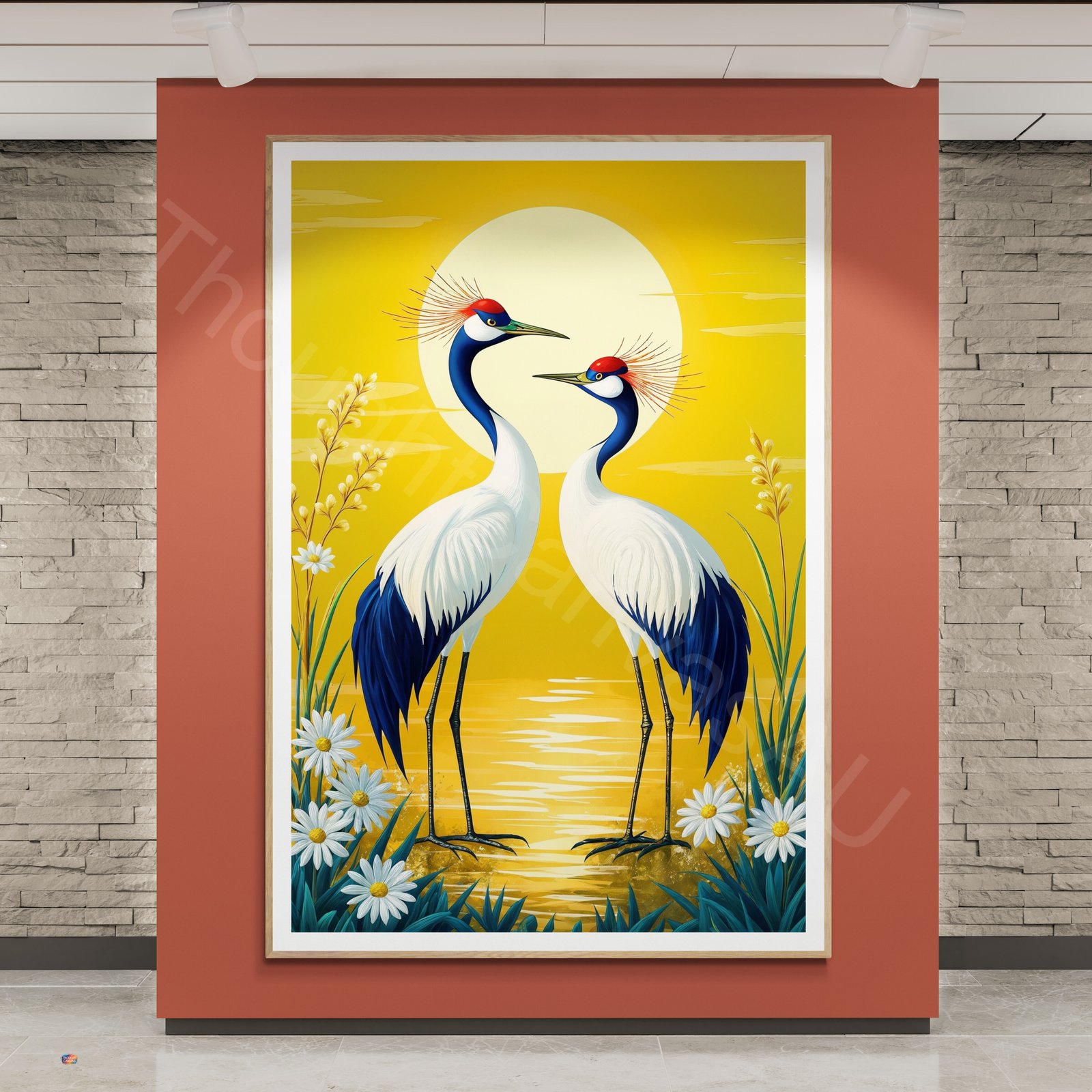 Elegant Cranes Sunrise Art Print: Red Crowned Birds, Blue and White Plumage, Tranquil Digital Download - Image 2
