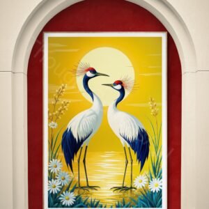 Elegant Cranes Sunrise Art Print: Red Crowned Birds, Blue and White Plumage, Tranquil Digital Download