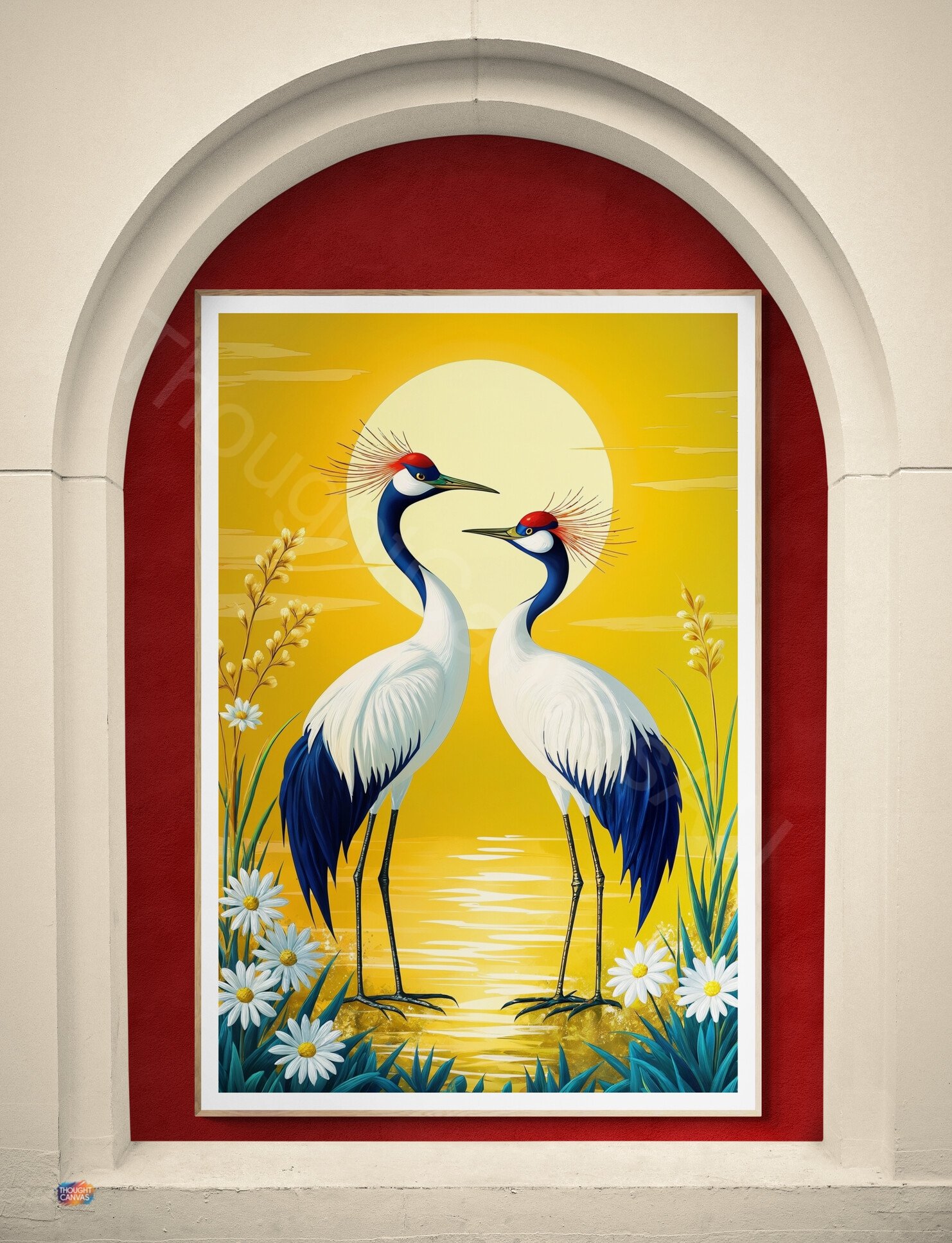Elegant Cranes Sunrise Art Print: Red Crowned Birds, Blue and White Plumage, Tranquil Digital Download