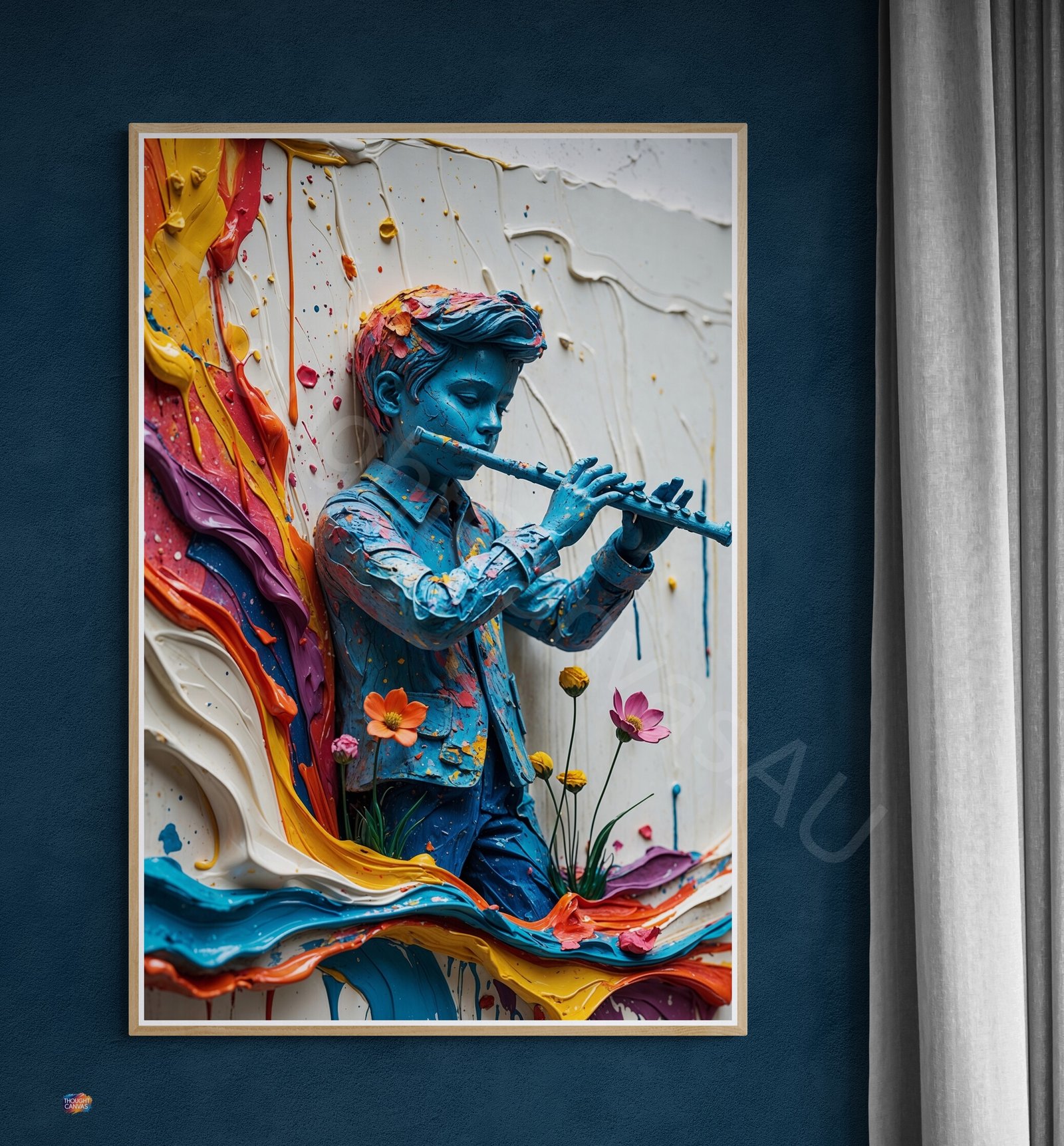 Abstract Flute Player Wall Art: 3D Textured Boy Sculpture Print, Colourful Paint Splash Art, Vibrant Musical Expression, Digital Download