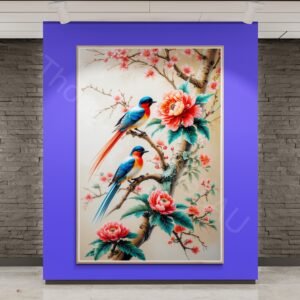 Oriental Bird and Blossom Print: Red Peony Flower Art, Long Tail Feather Birds, Traditional Zen Wall Decor Digital Download