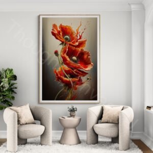 Vibrant red poppy flowers with detailed petals and textured centers arranged in a flowing vertical composition. The background transitions from a dark black to a creamy white, featuring energetic splashes of orange and brown paint.