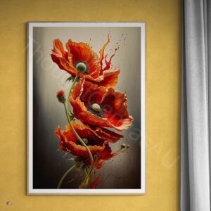 Vibrant red poppy flowers with detailed petals and textured centers arranged in a flowing vertical composition. The background transitions from a dark black to a creamy white, featuring energetic splashes of orange and brown paint.