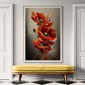 Vibrant red poppy flowers with detailed petals and textured centers arranged in a flowing vertical composition. The background transitions from a dark black to a creamy white, featuring energetic splashes of orange and brown paint.