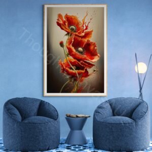 Vibrant red poppy flowers with detailed petals and textured centers arranged in a flowing vertical composition. The background transitions from a dark black to a creamy white, featuring energetic splashes of orange and brown paint.