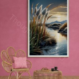 Serene lakeside landscape digital art with feathery reeds, a circular sun ripple on water, and a subtle rainbow under a dark, dramatic sky.