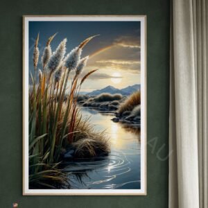 Serene lakeside landscape digital art with feathery reeds, a circular sun ripple on water, and a subtle rainbow under a dark, dramatic sky.