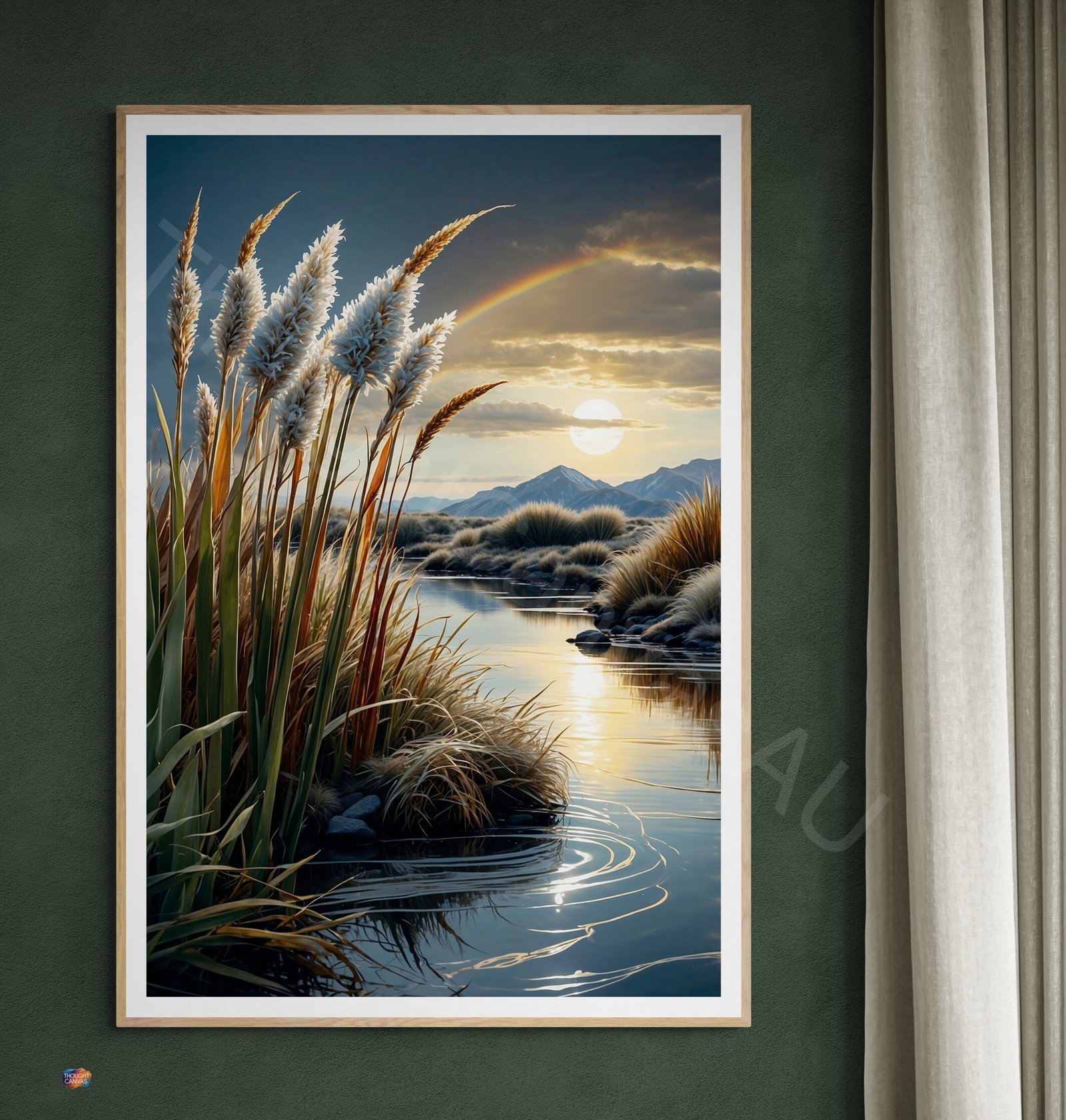 Serene lakeside landscape digital art with feathery reeds, a circular sun ripple on water, and a subtle rainbow under a dark, dramatic sky.