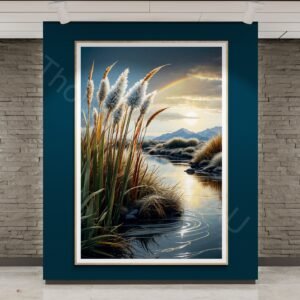 Serene lakeside landscape digital art with feathery reeds, a circular sun ripple on water, and a subtle rainbow under a dark, dramatic sky.