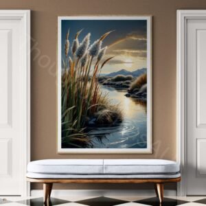 Serene lakeside landscape digital art with feathery reeds, a circular sun ripple on water, and a subtle rainbow under a dark, dramatic sky.