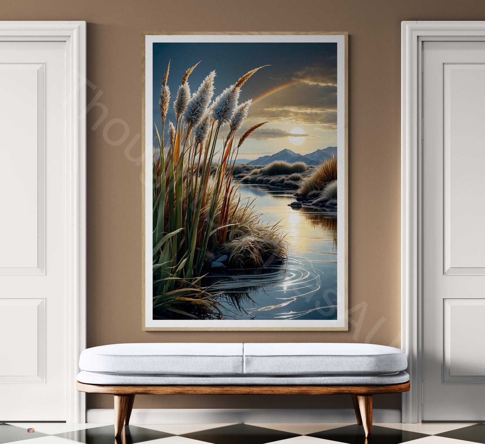Serene lakeside landscape digital art with feathery reeds, a circular sun ripple on water, and a subtle rainbow under a dark, dramatic sky.