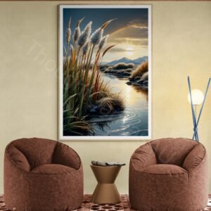 Serene lakeside landscape digital art with feathery reeds, a circular sun ripple on water, and a subtle rainbow under a dark, dramatic sky.