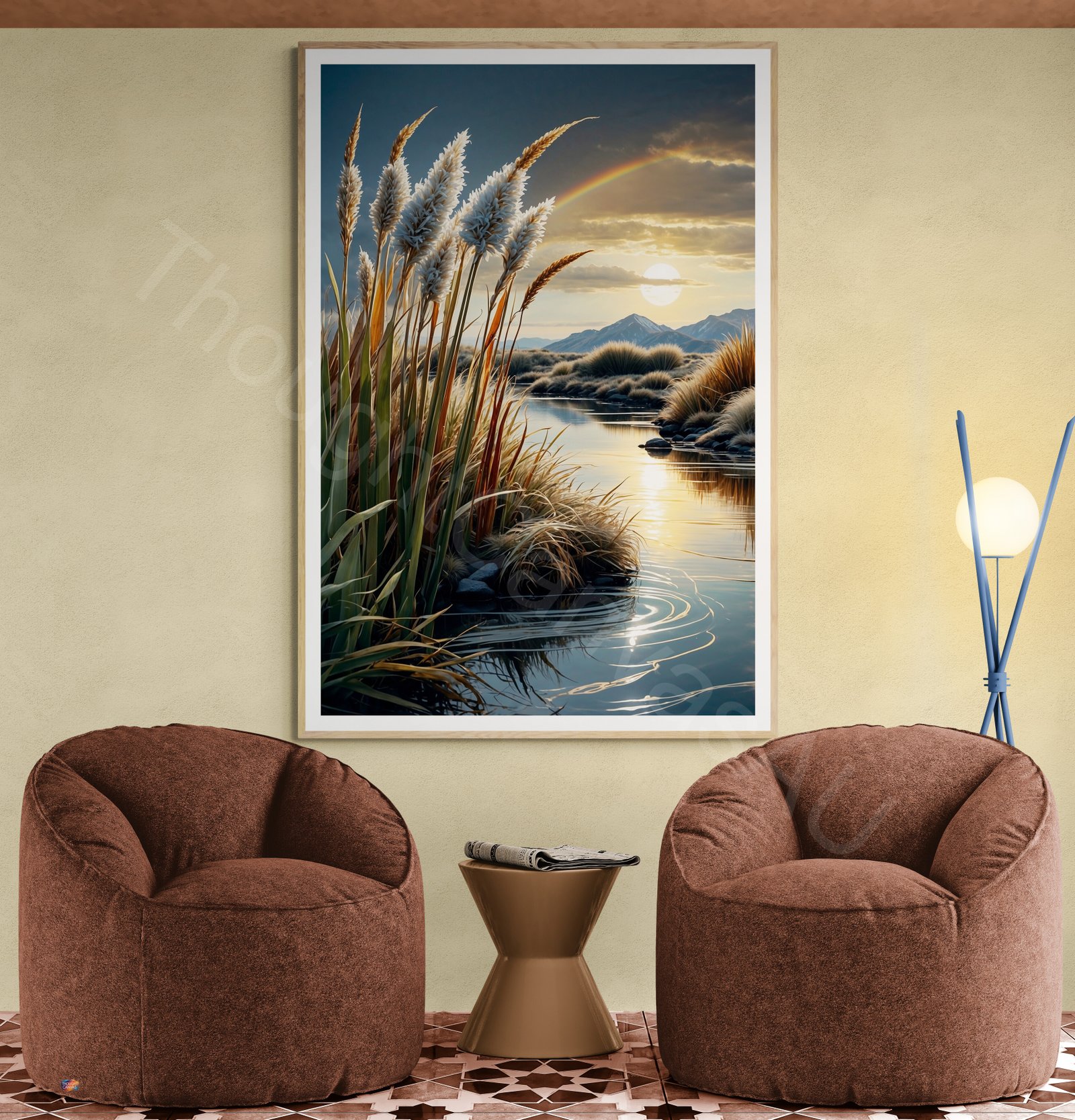 Serene lakeside landscape digital art with feathery reeds, a circular sun ripple on water, and a subtle rainbow under a dark, dramatic sky.
