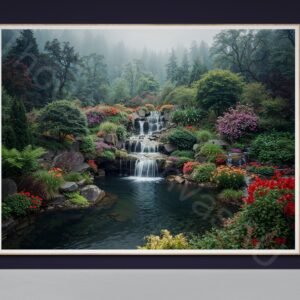 Misty Garden Oasis Print: Tiered Waterfall and Fern Landscape, Zen Pond with Vibrant Flowers, Early Morning Nature Art