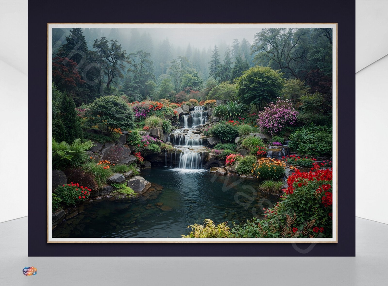 Misty Garden Oasis Print: Tiered Waterfall and Fern Landscape, Zen Pond with Vibrant Flowers, Early Morning Nature Art