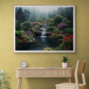 High-resolution photograph of a meticulously designed garden with a multi-tiered stone waterfall cascading into a serene pond. The scene is surrounded by lush ferns and vibrant red and pink flowers under a misty, tree-lined hill in soft morning light.