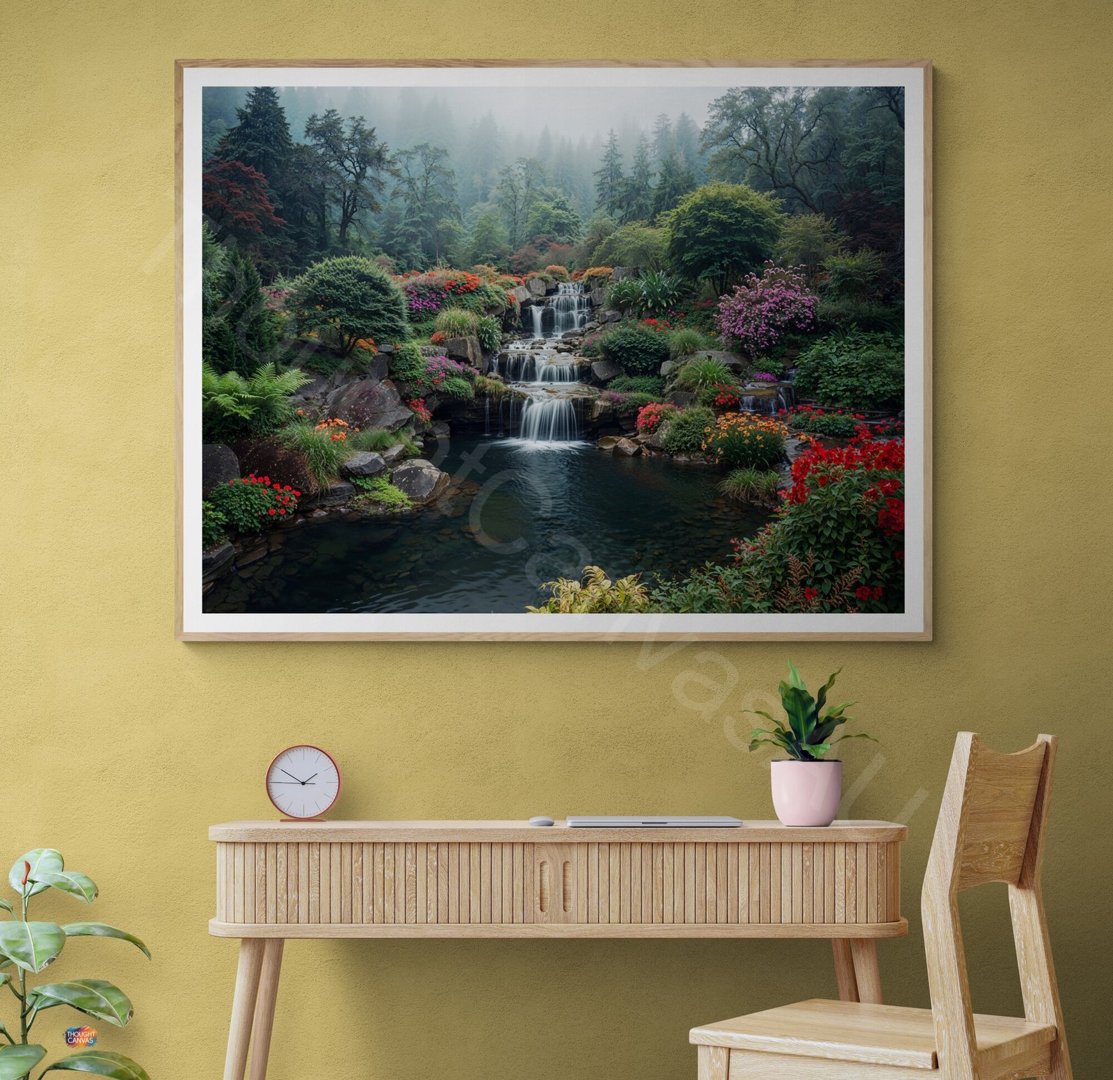 High-resolution photograph of a meticulously designed garden with a multi-tiered stone waterfall cascading into a serene pond. The scene is surrounded by lush ferns and vibrant red and pink flowers under a misty, tree-lined hill in soft morning light.