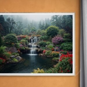 High-resolution photograph of a meticulously designed garden with a multi-tiered stone waterfall cascading into a serene pond. The scene is surrounded by lush ferns and vibrant red and pink flowers under a misty, tree-lined hill in soft morning light.