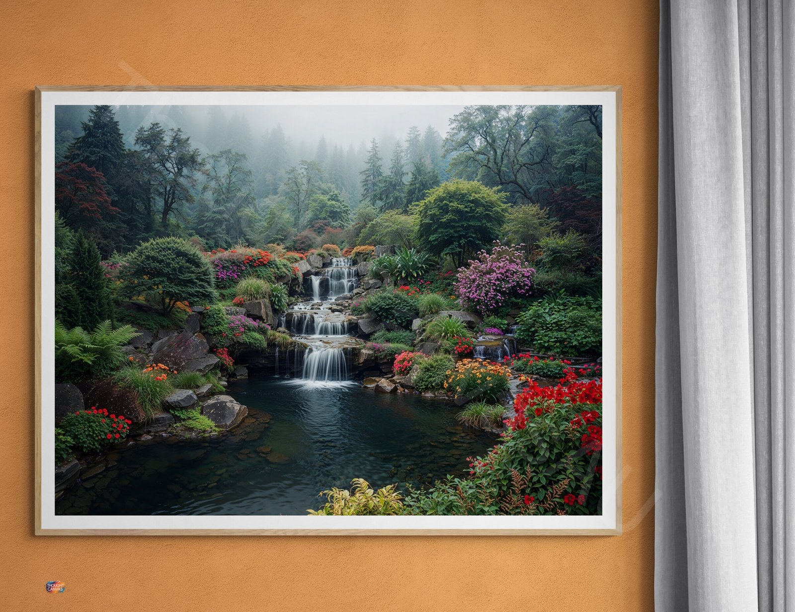 High-resolution photograph of a meticulously designed garden with a multi-tiered stone waterfall cascading into a serene pond. The scene is surrounded by lush ferns and vibrant red and pink flowers under a misty, tree-lined hill in soft morning light.