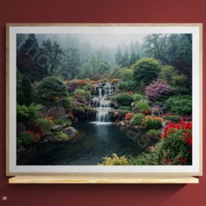 High-resolution photograph of a meticulously designed garden with a multi-tiered stone waterfall cascading into a serene pond. The scene is surrounded by lush ferns and vibrant red and pink flowers under a misty, tree-lined hill in soft morning light.