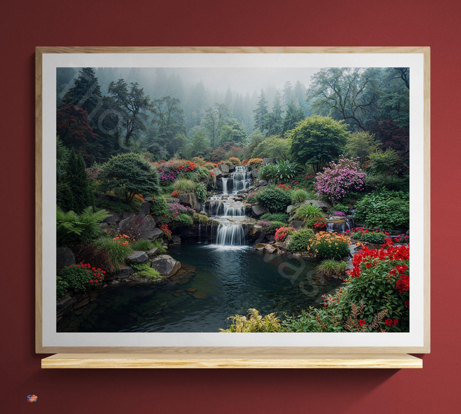 High-resolution photograph of a meticulously designed garden with a multi-tiered stone waterfall cascading into a serene pond. The scene is surrounded by lush ferns and vibrant red and pink flowers under a misty, tree-lined hill in soft morning light.