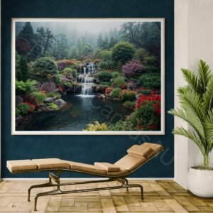 High-resolution photograph of a meticulously designed garden with a multi-tiered stone waterfall cascading into a serene pond. The scene is surrounded by lush ferns and vibrant red and pink flowers under a misty, tree-lined hill in soft morning light.